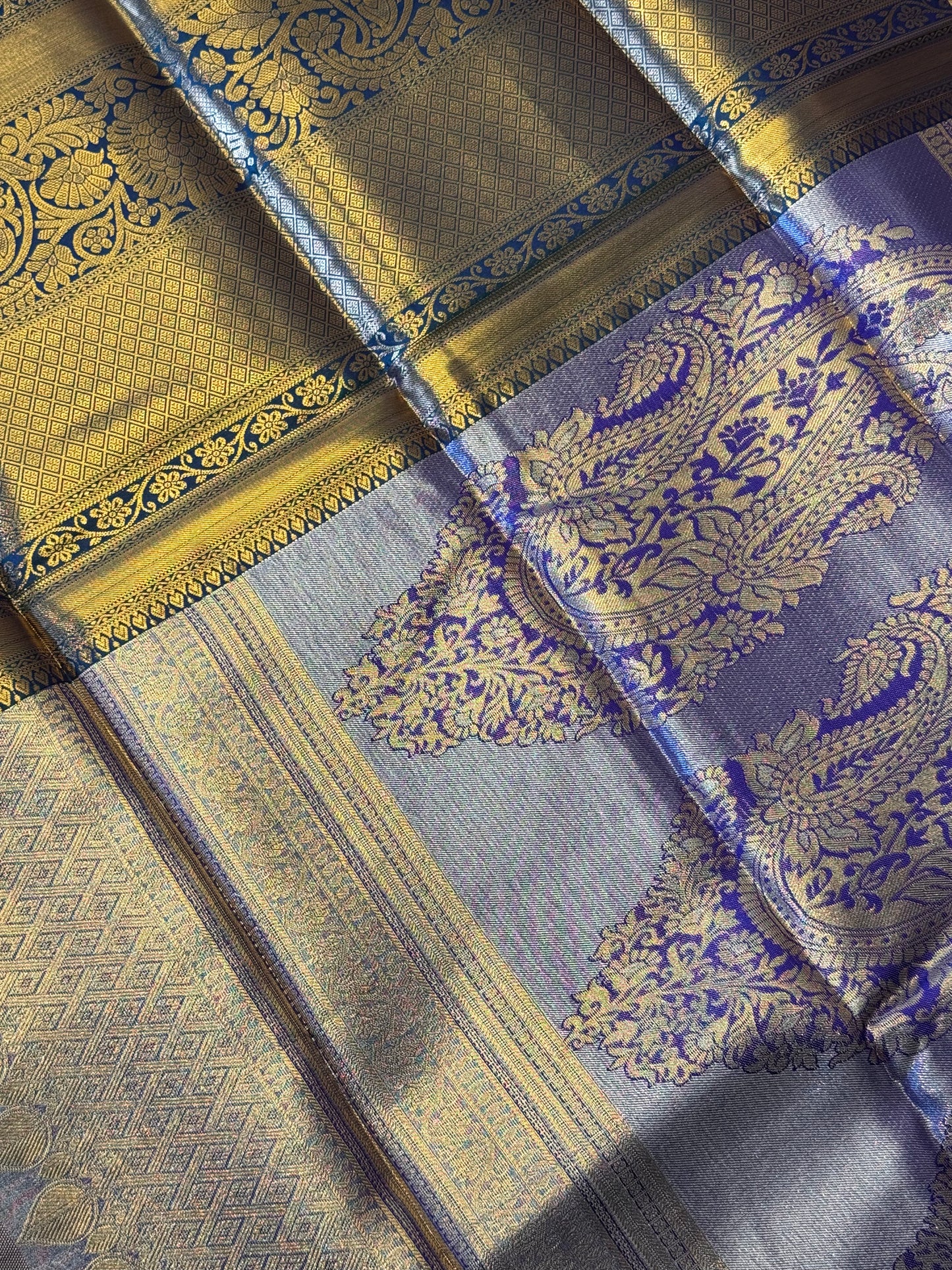 Golden Purple with Green Brocade Semi Kanchi Silk Saree