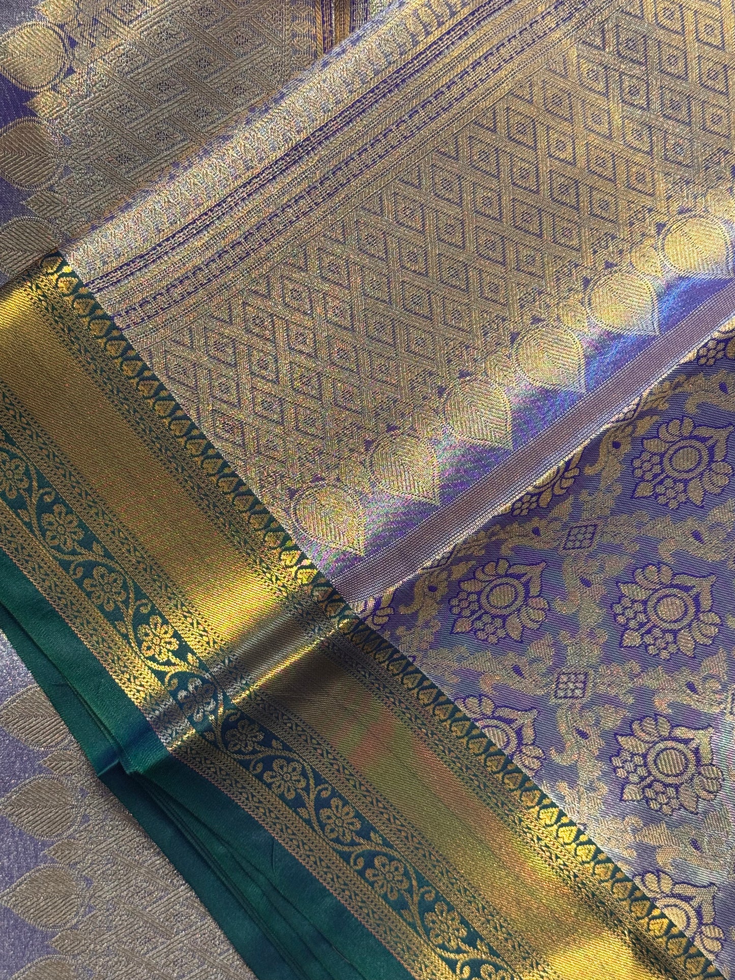 Golden Purple with Green Brocade Semi Kanchi Silk Saree