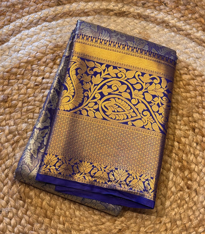 Golden Blue Brocade Semi Kanchi Silk Saree