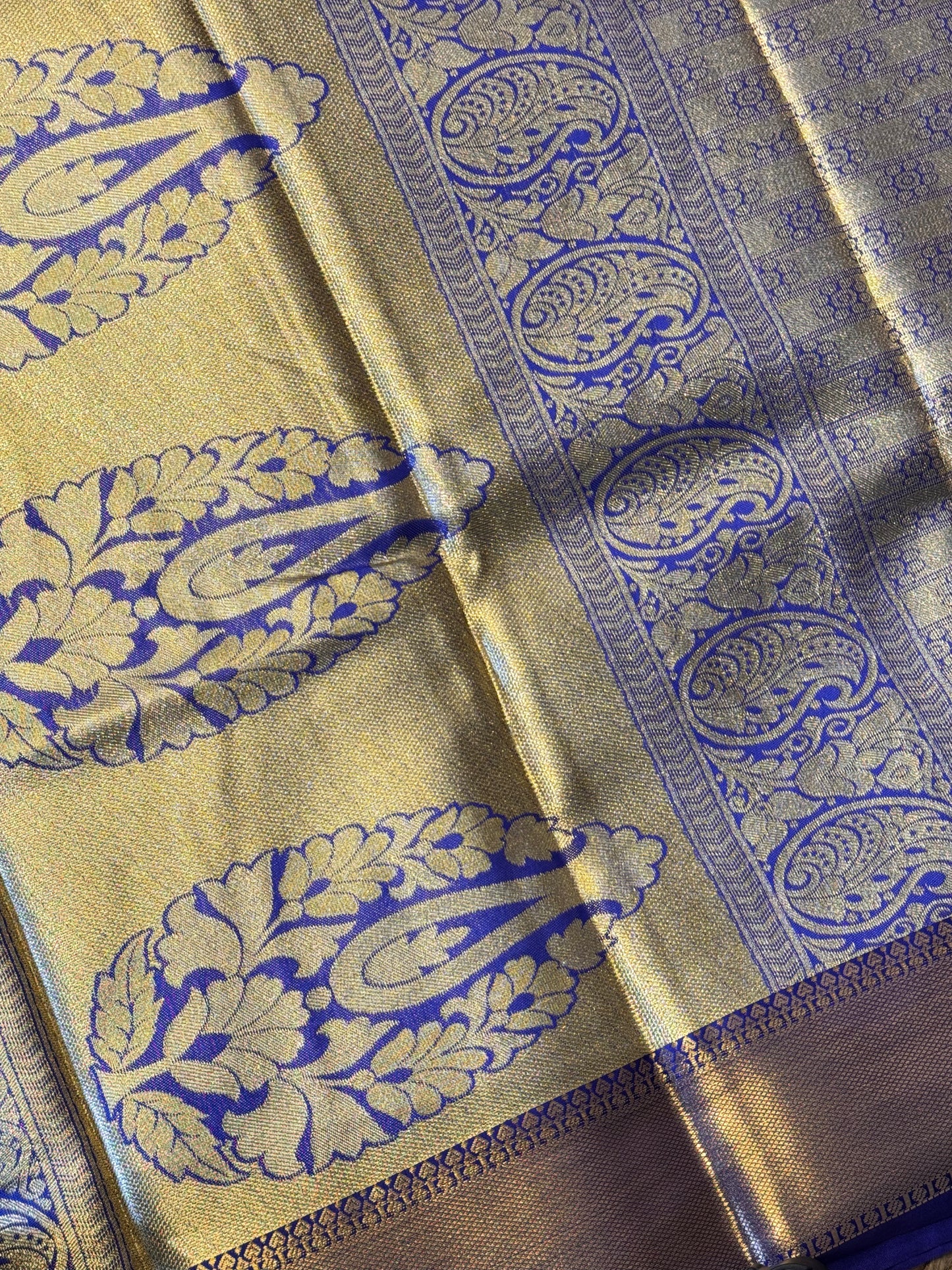 Golden Blue Brocade Semi Kanchi Silk Saree