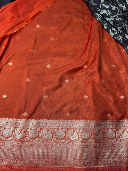 Brown with Orange Jaal Pattern Soft Georgette