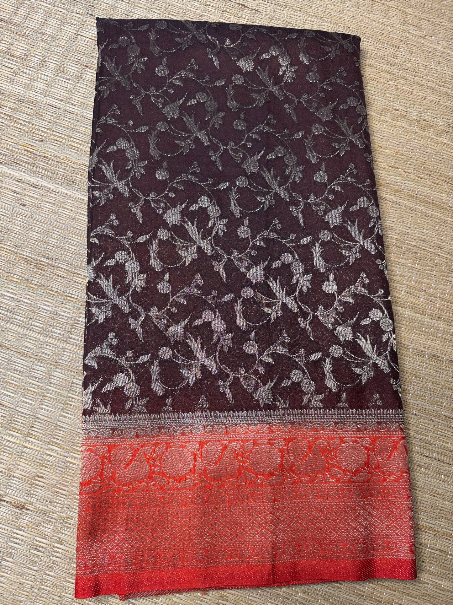 Brown with Orange Jaal Pattern Soft Georgette