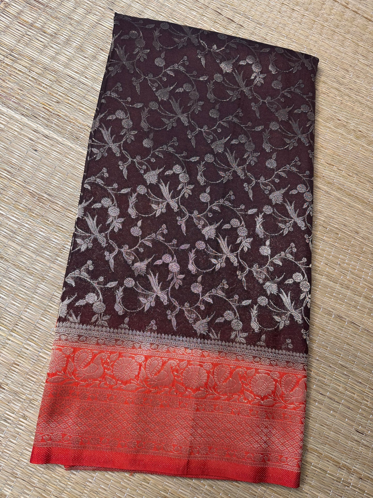 Brown with Orange Jaal Pattern Soft Georgette