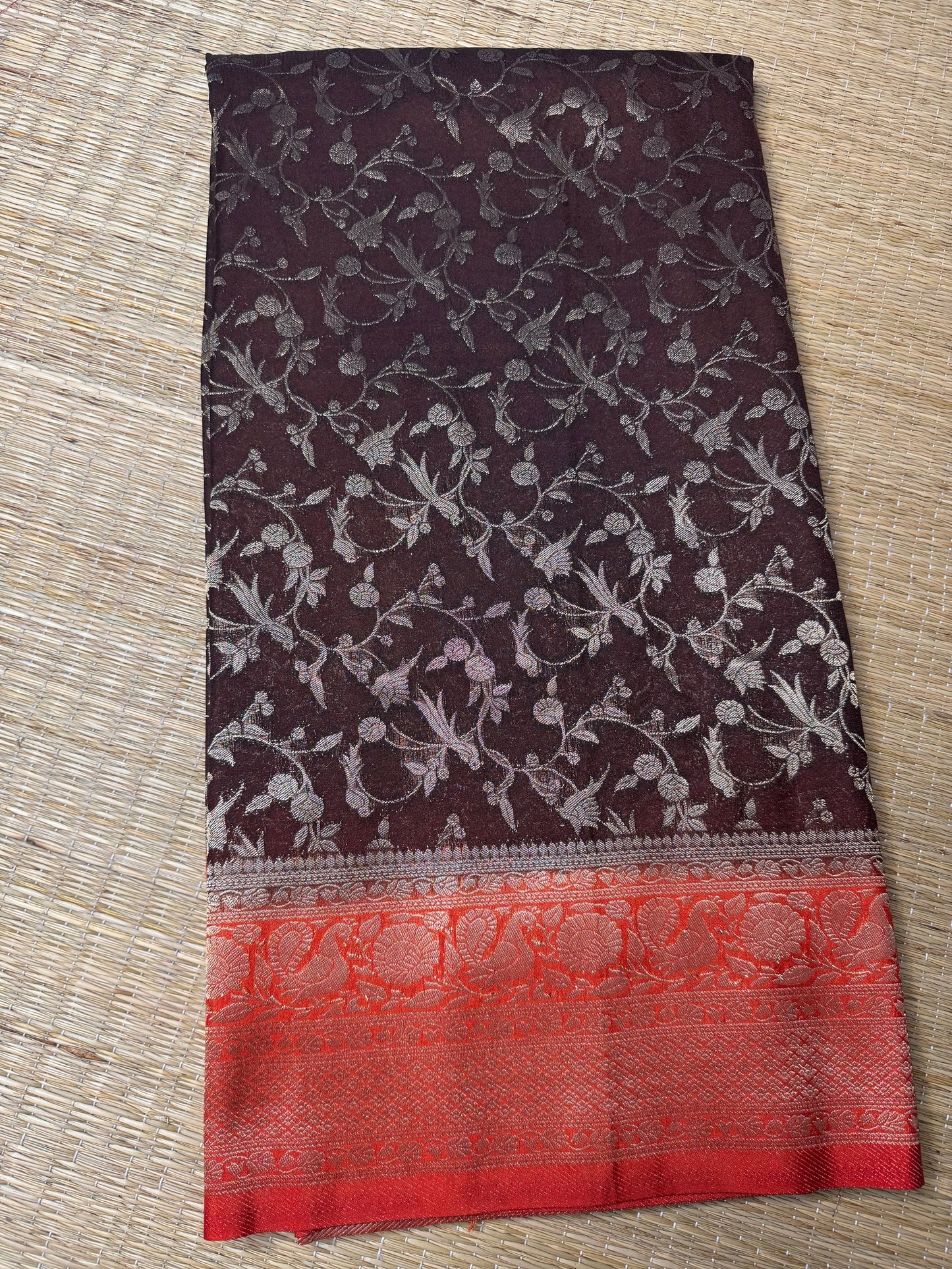 Brown with Orange Jaal Pattern Soft Georgette