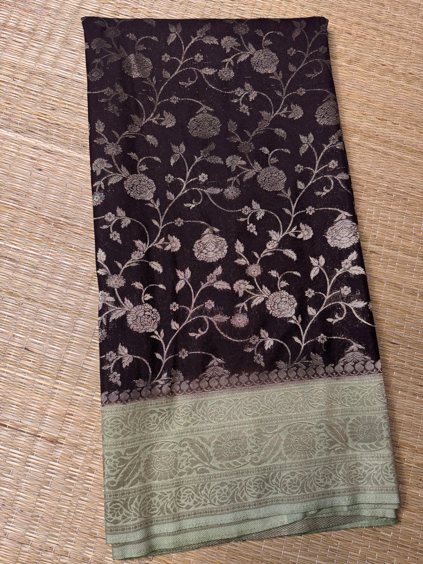 Brown with Pastel Green Jaal Pattern Soft Georgette