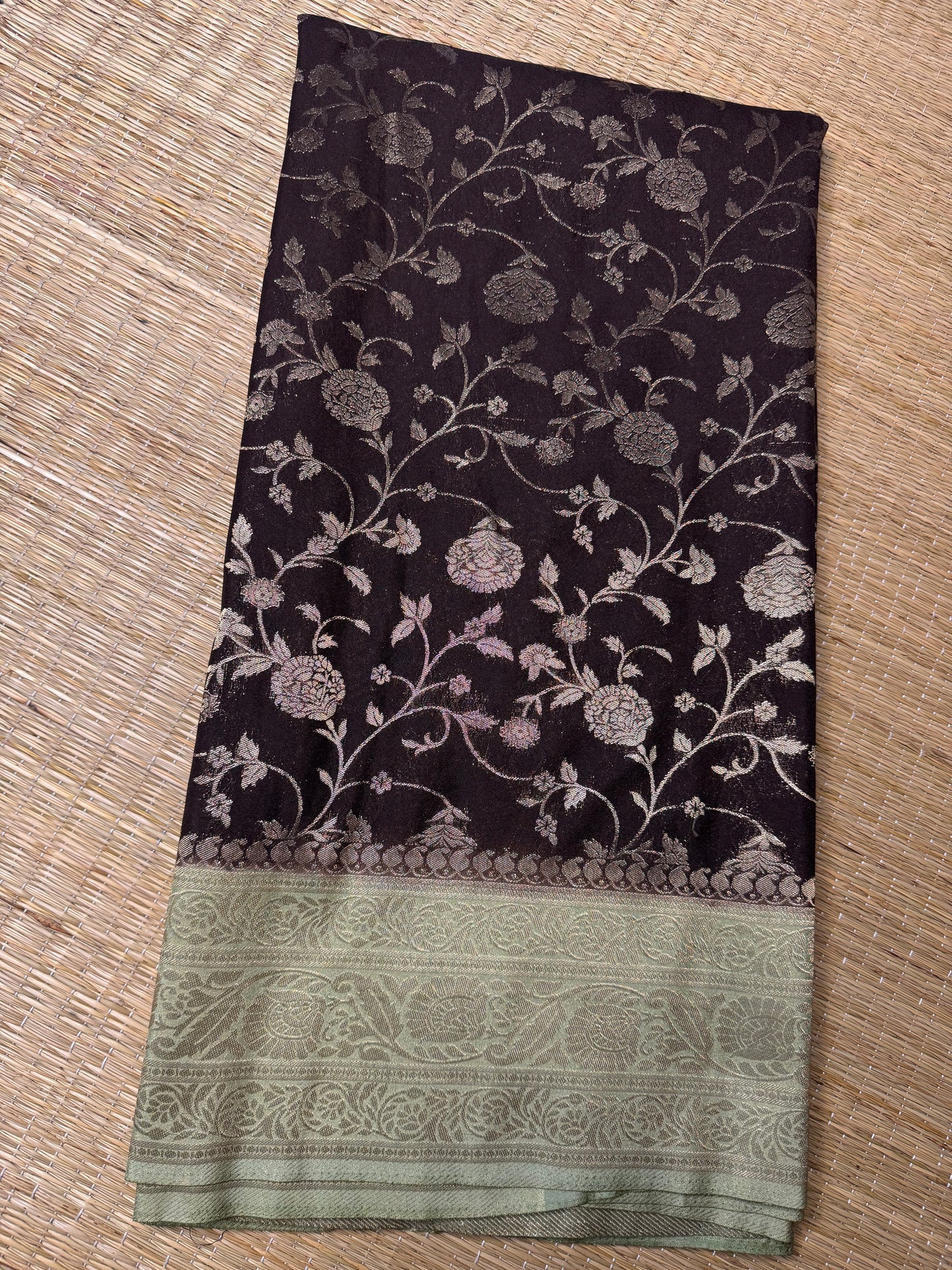 Brown with Pastel Green Jaal Pattern Soft Georgette