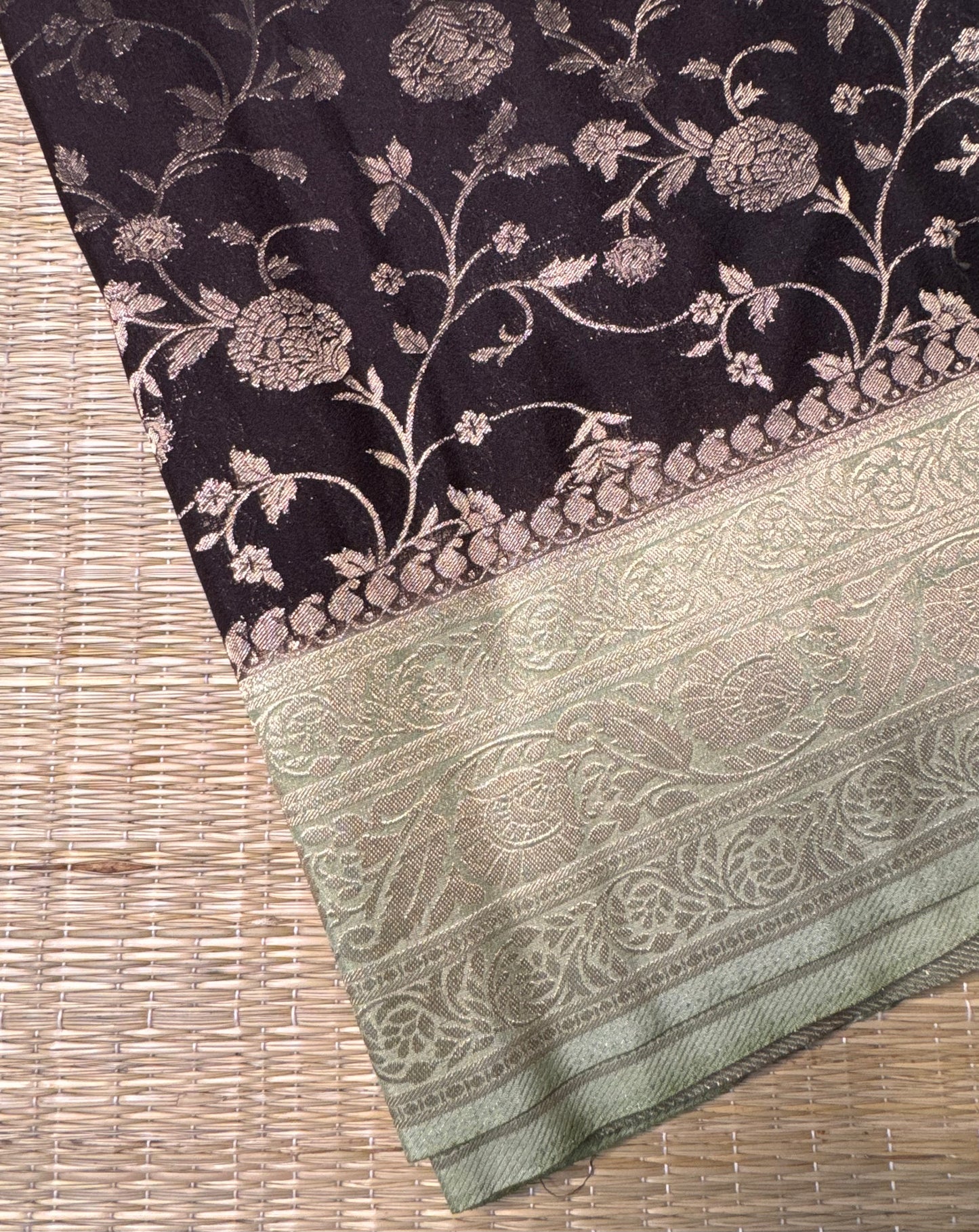 Brown with Pastel Green Jaal Pattern Soft Georgette