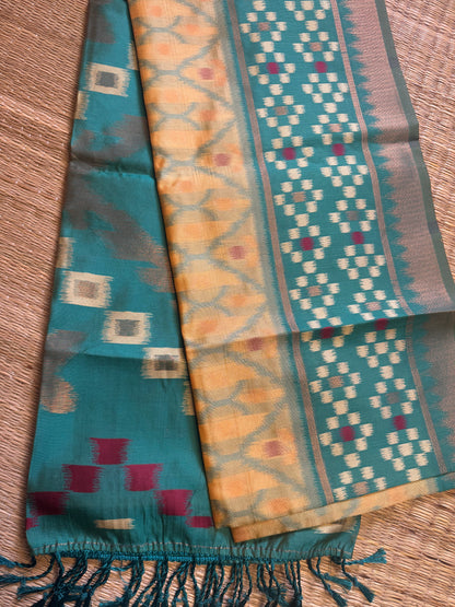 Yellow with Green Soft Silk Ikat Saree