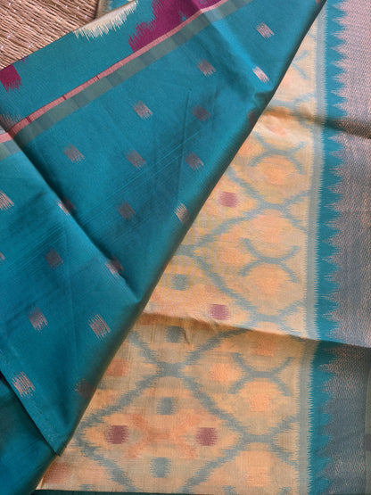 Yellow with Green Soft Silk Ikat Saree