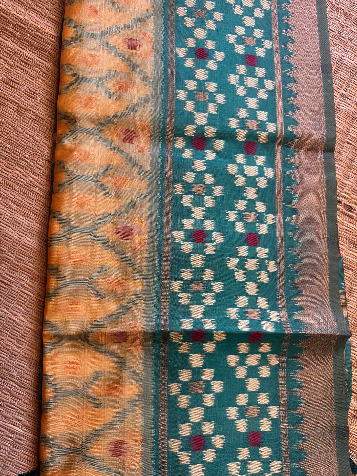 Yellow with Green Soft Silk Ikat Saree