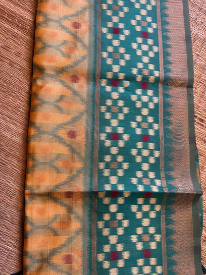 Yellow with Green Soft Silk Ikat Saree