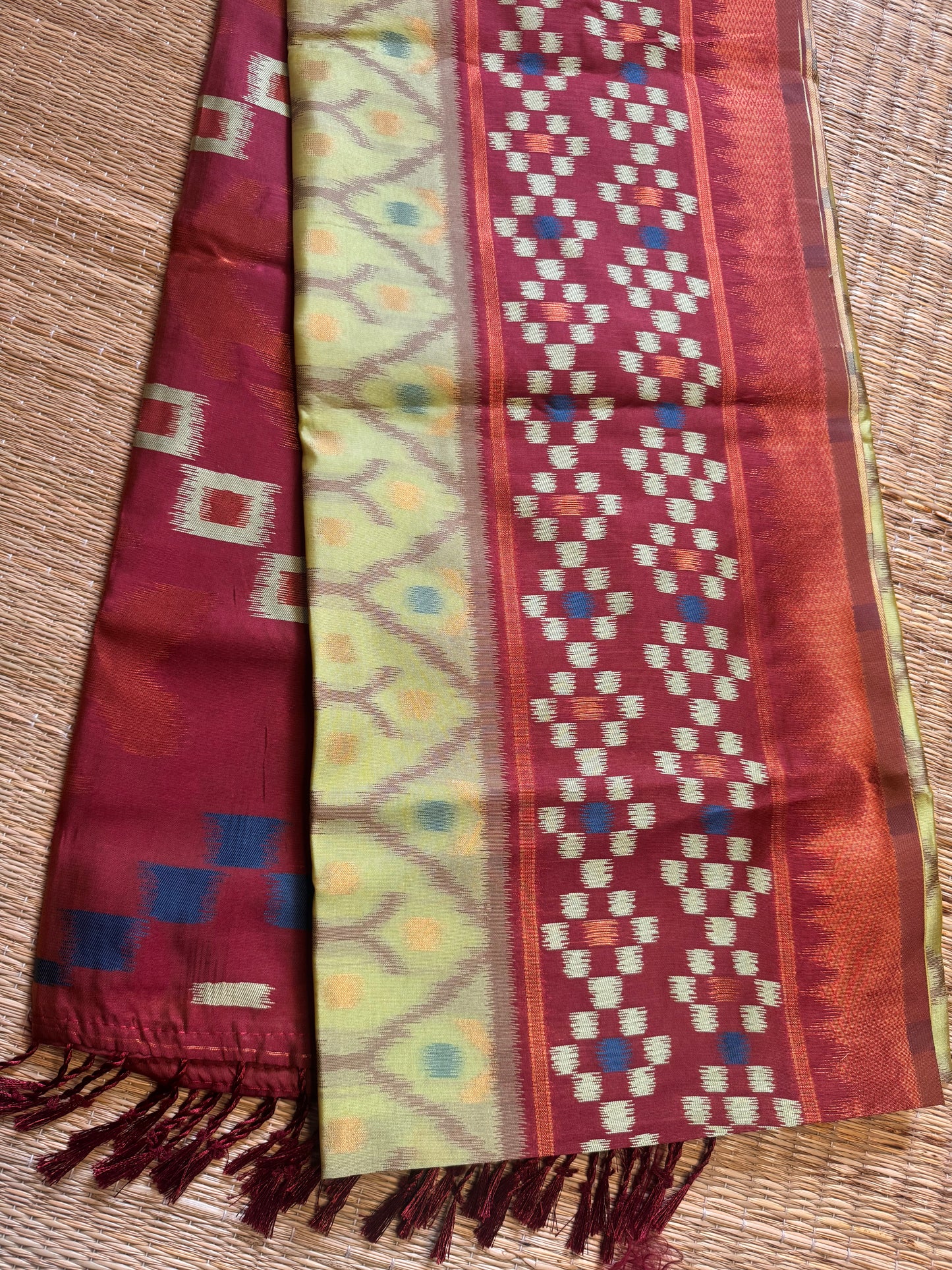 Pista Green with Brown Soft Silk Ikat Saree