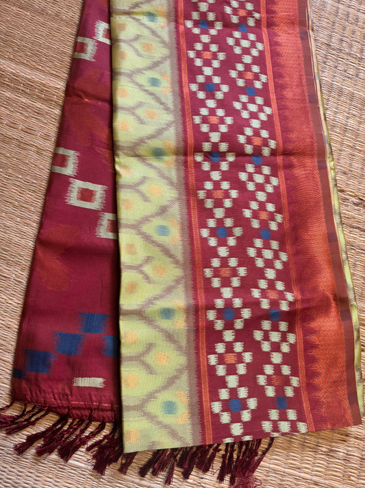 Pista Green with Brown Soft Silk Ikat Saree