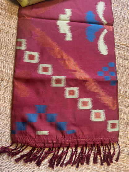 Pista Green with Brown Soft Silk Ikat Saree