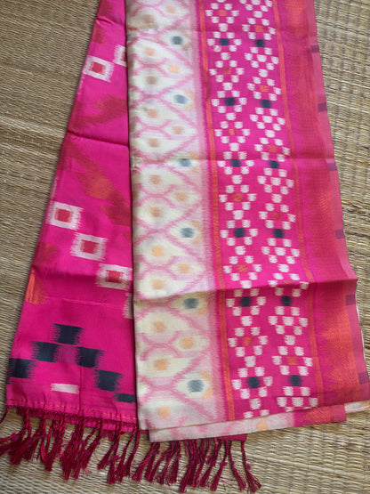 Cream with Pink Soft Silk Ikat Saree
