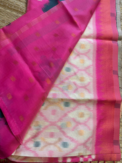 Cream with Pink Soft Silk Ikat Saree