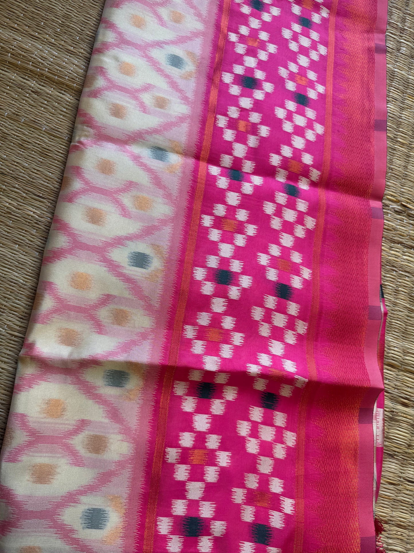 Cream with Pink Soft Silk Ikat Saree