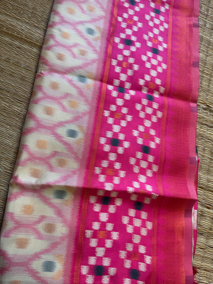 Cream with Pink Soft Silk Ikat Saree