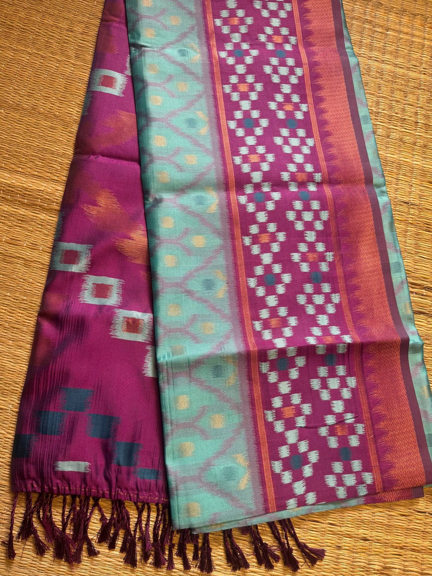 Sky blue with Purple Soft Silk Ikat Saree