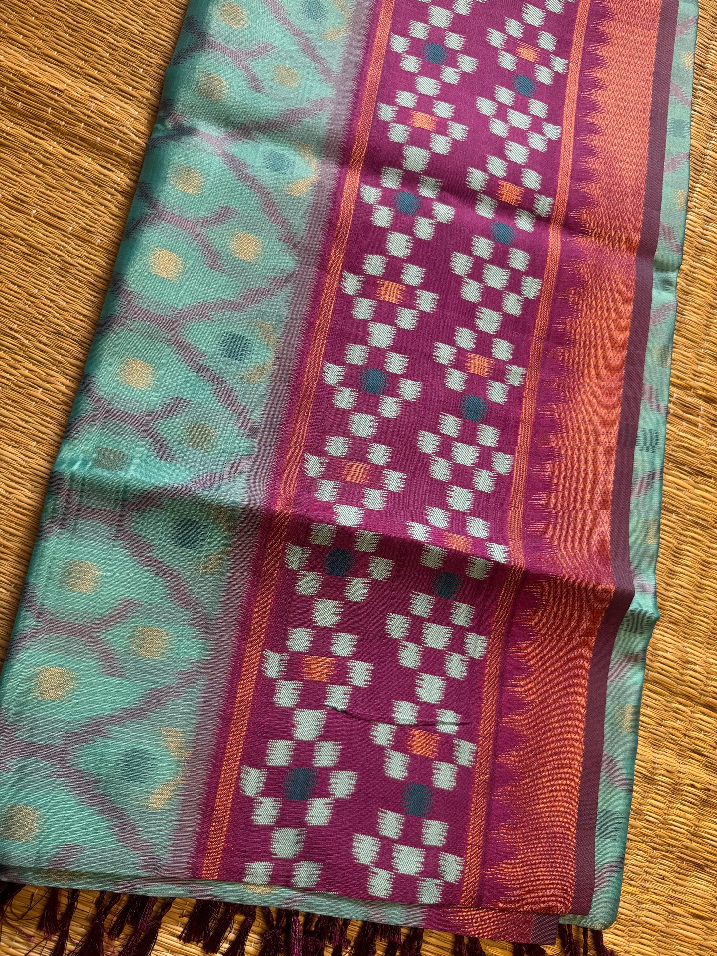 Sky blue with Purple Soft Silk Ikat Saree