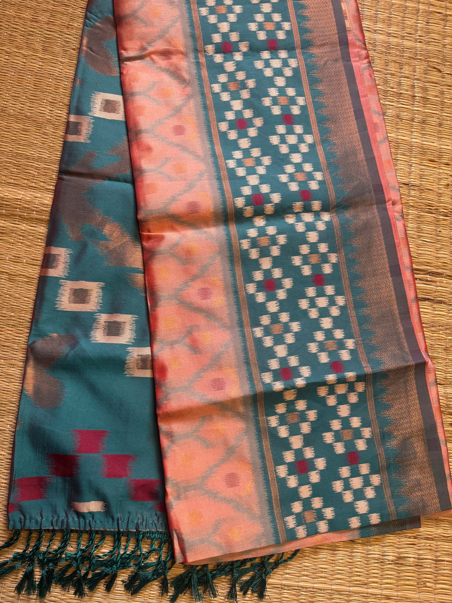 Peach with green Soft Silk Ikat Saree