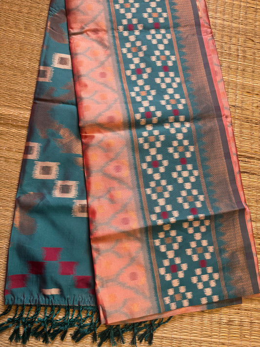 Peach with green Soft Silk Ikat Saree