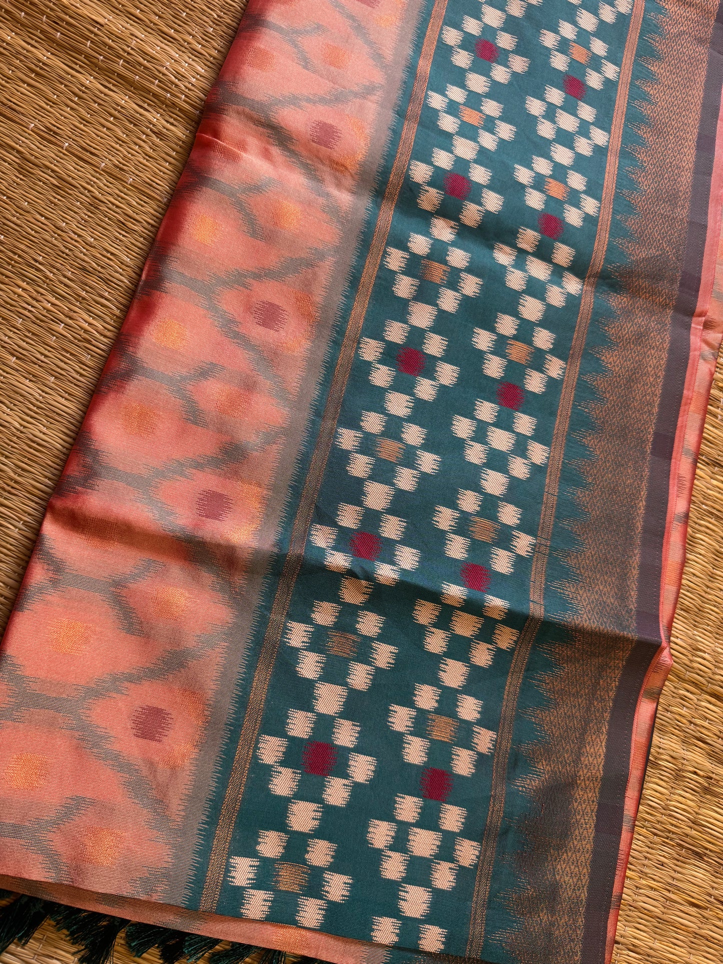 Peach with green Soft Silk Ikat Saree