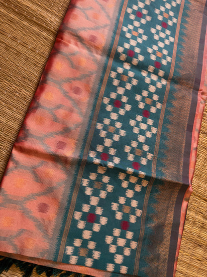 Peach with green Soft Silk Ikat Saree