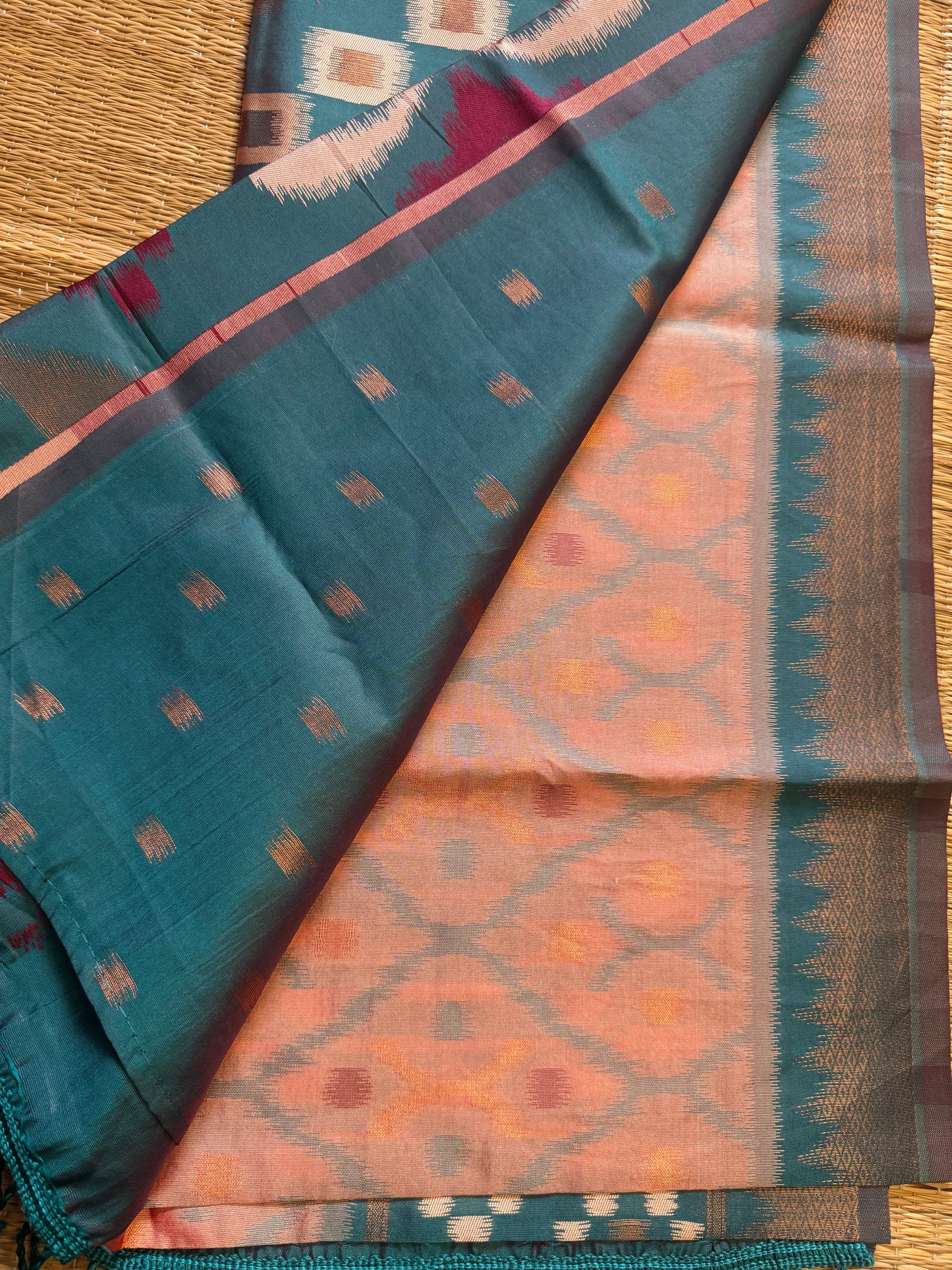 Peach with green Soft Silk Ikat Saree