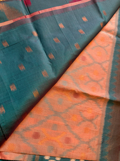 Peach with green Soft Silk Ikat Saree