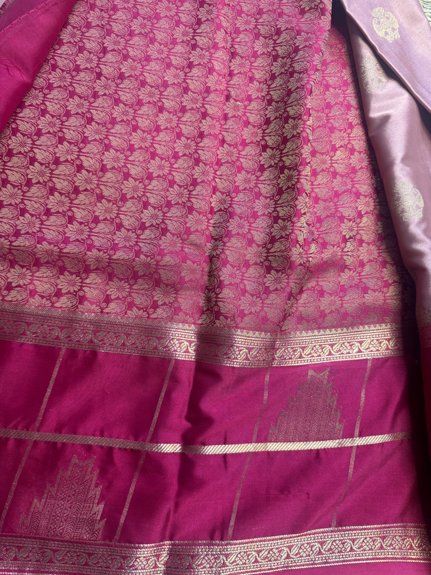 Pink Temple Gandaberunda Semi Crepe Silk