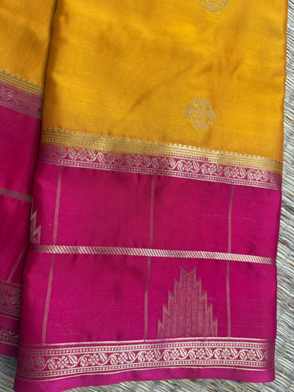 Yellow Temple Gandaberunda Semi Crepe Silk