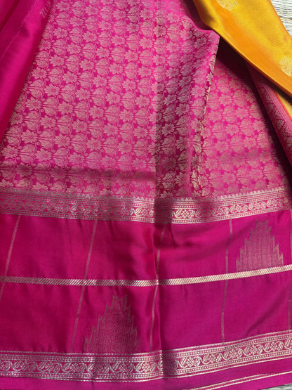 Yellow Temple Gandaberunda Semi Crepe Silk