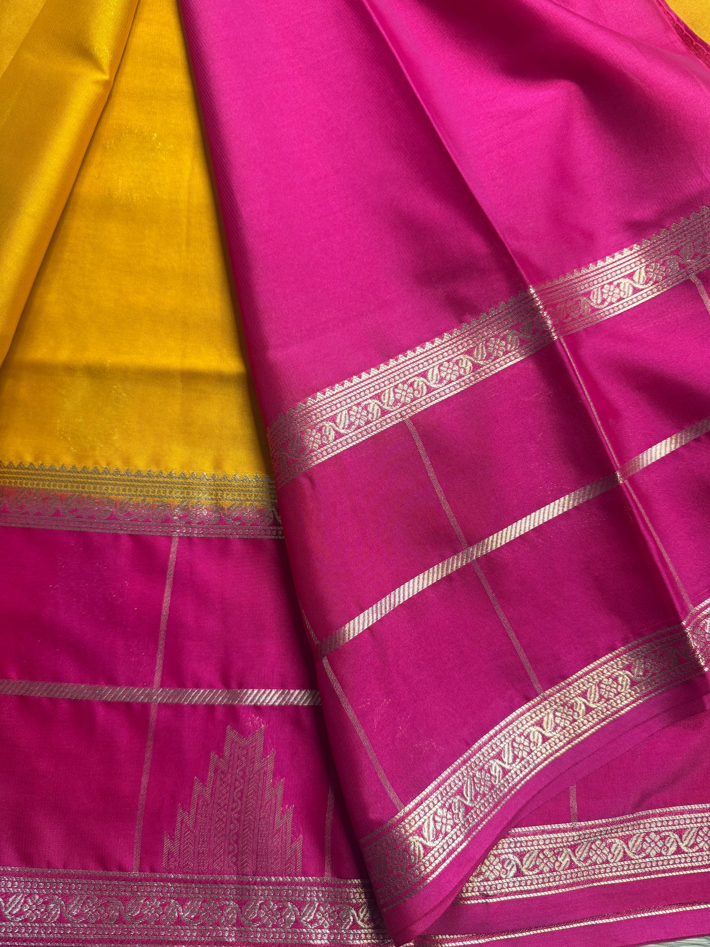 Yellow Temple Gandaberunda Semi Crepe Silk