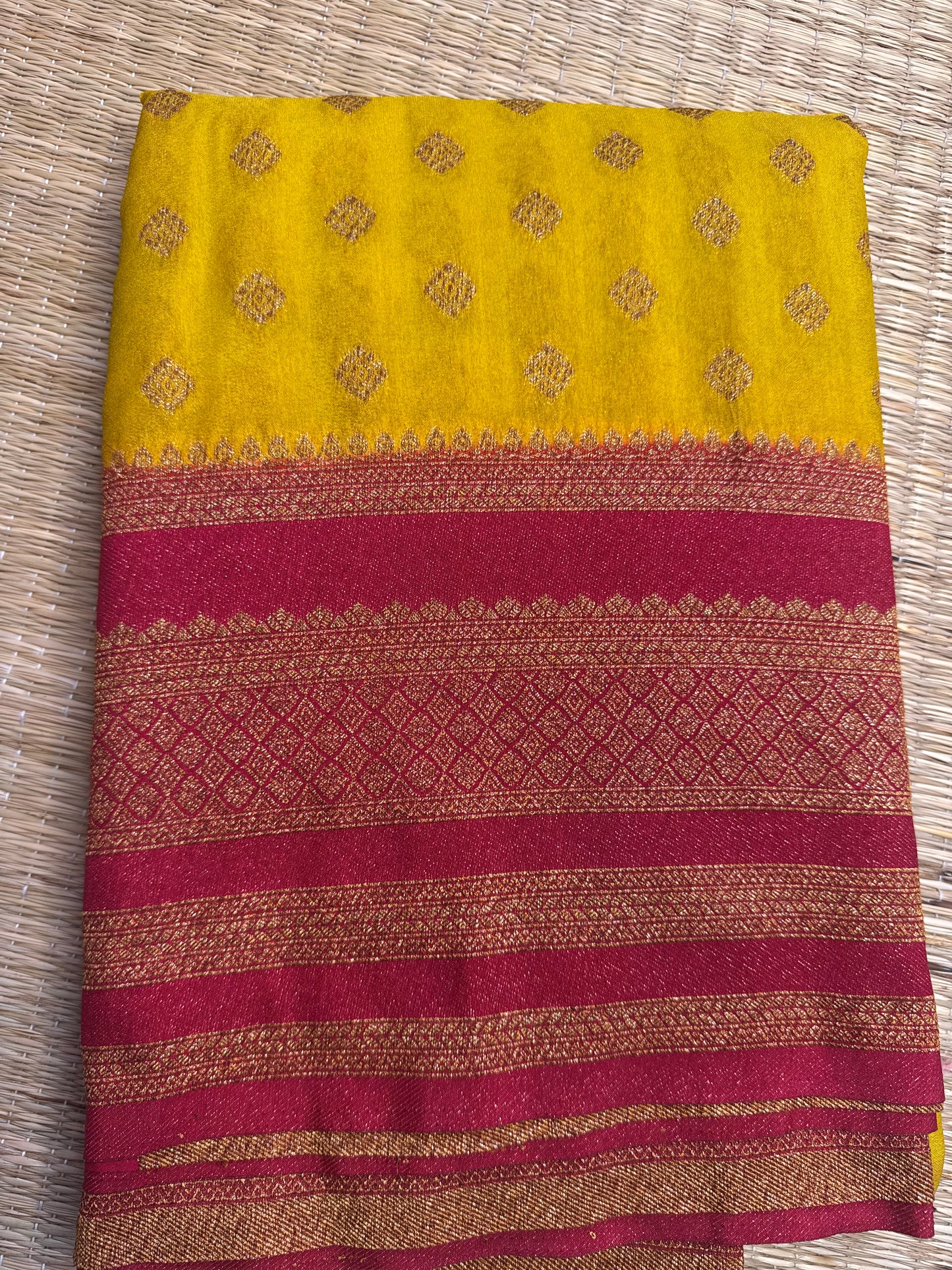 Yellow with Pink Khaddi Georgette Saree