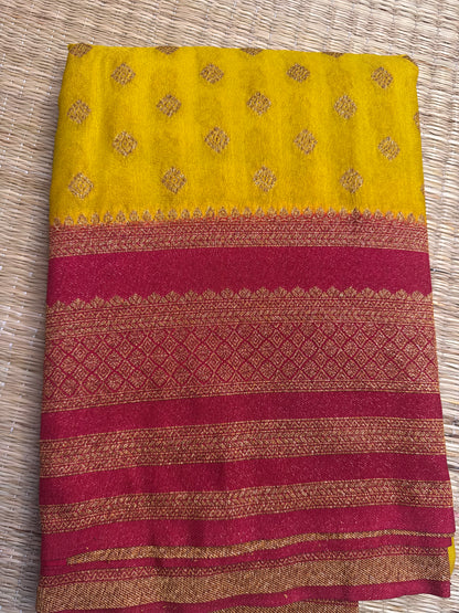 Yellow with Pink Khaddi Georgette Saree