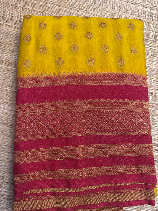 Yellow with Pink Khaddi Georgette Saree