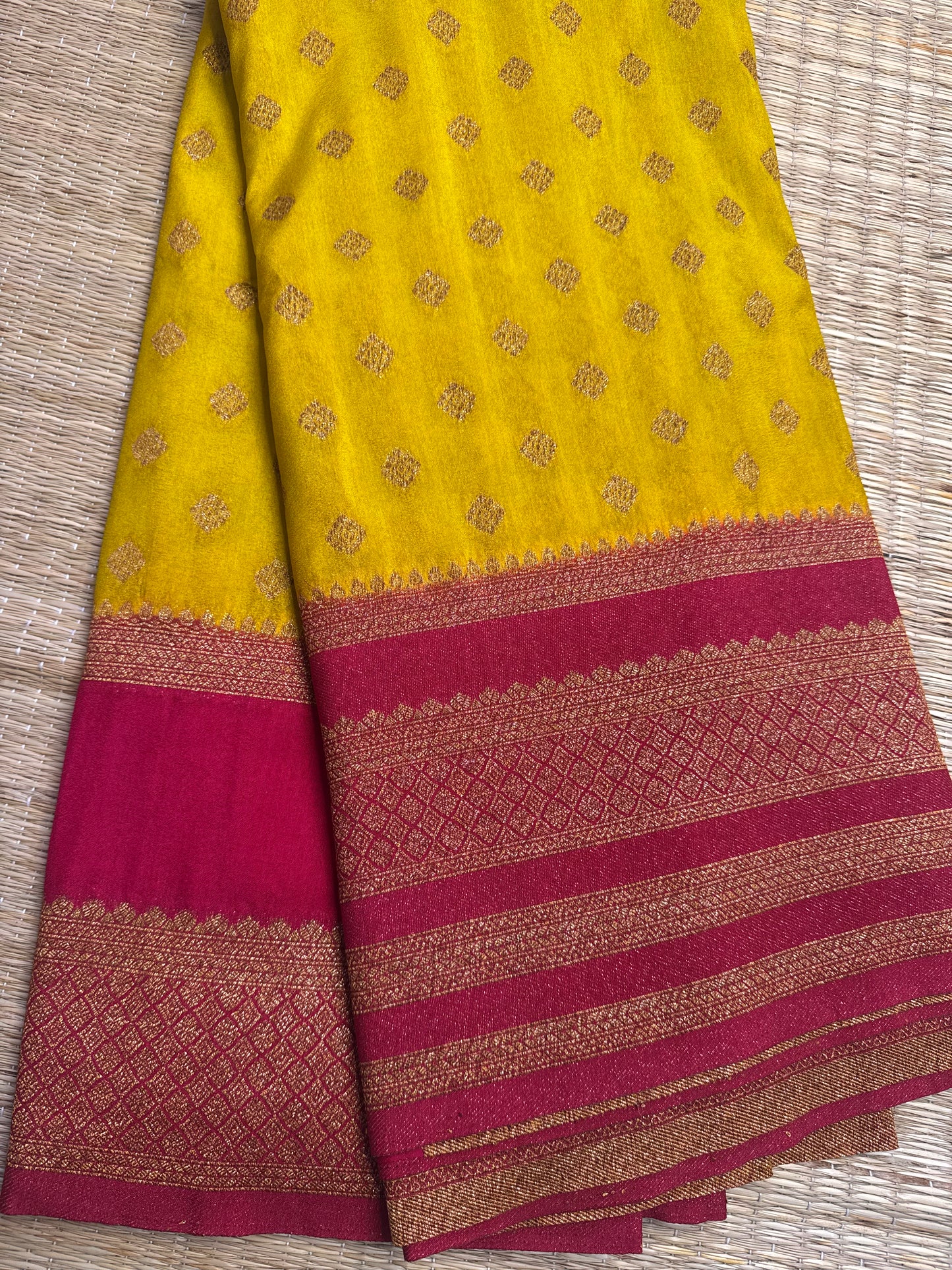 Yellow with Pink Khaddi Georgette Saree