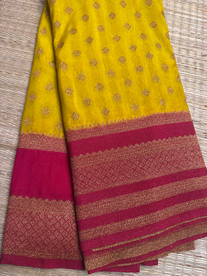 Yellow with Pink Khaddi Georgette Saree
