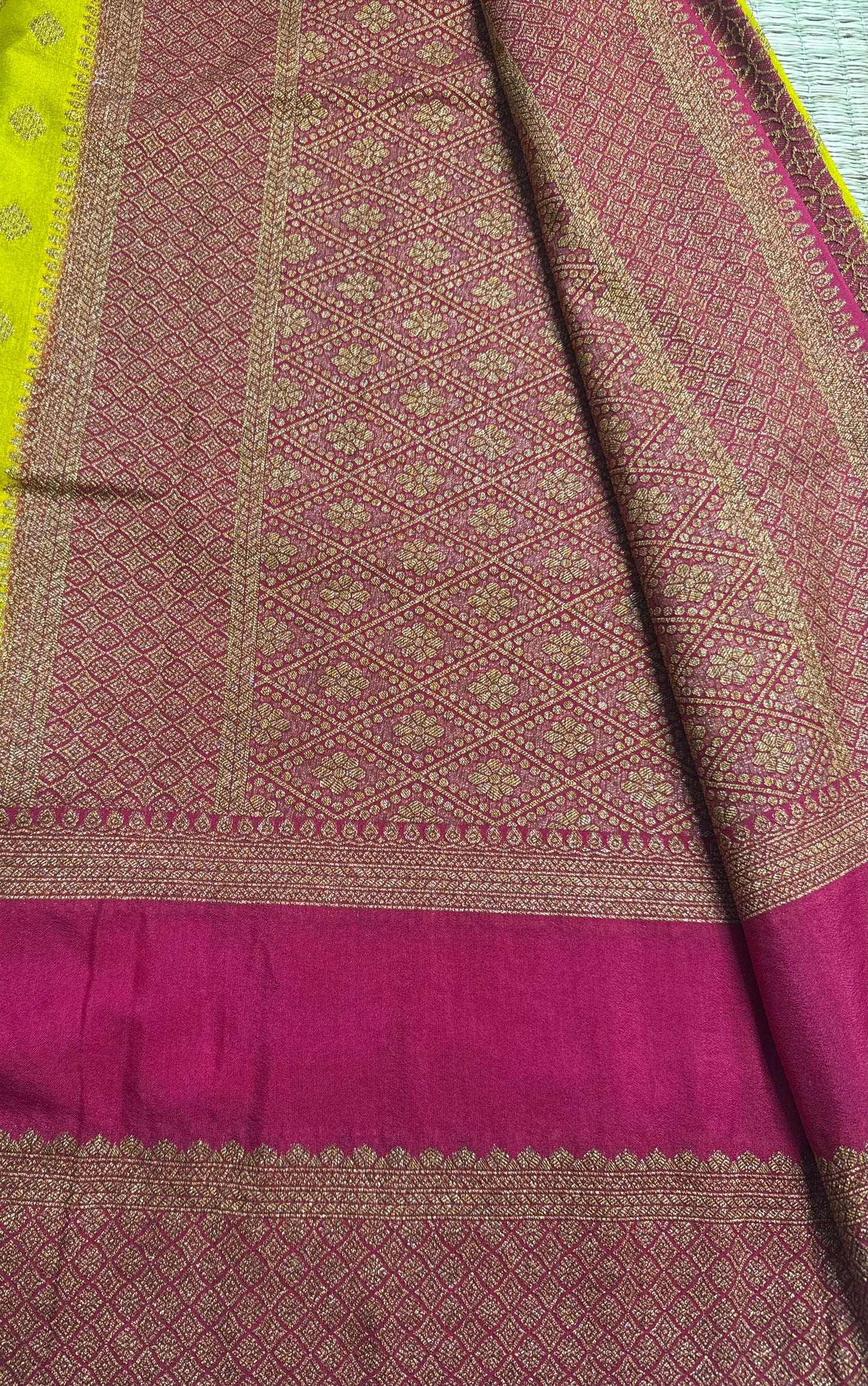Yellow with Pink Khaddi Georgette Saree