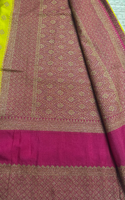 Yellow with Pink Khaddi Georgette Saree