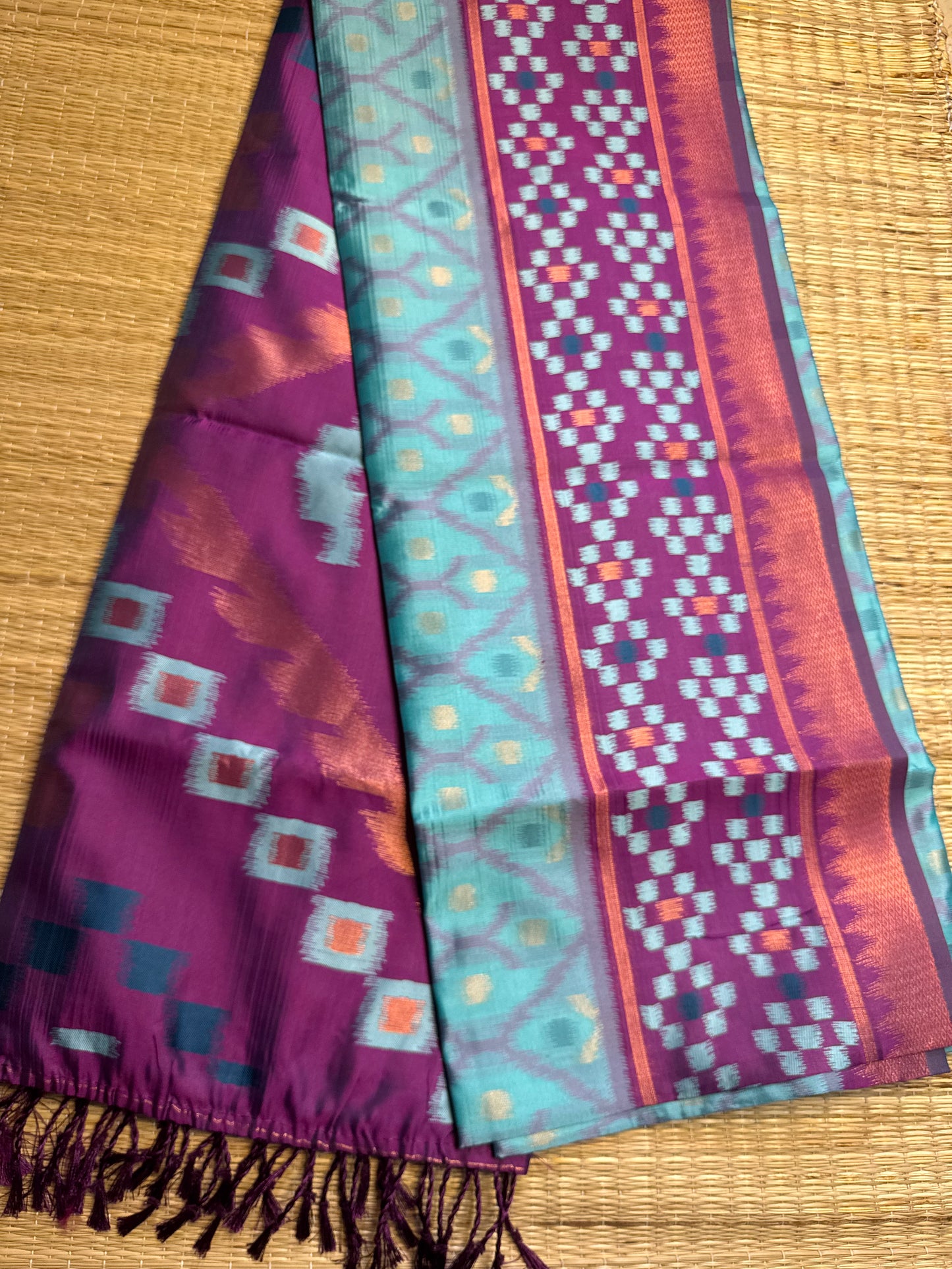 Sky Blue with Purple Soft Silk Ikat Saree