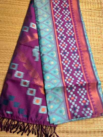 Sky Blue with Purple Soft Silk Ikat Saree