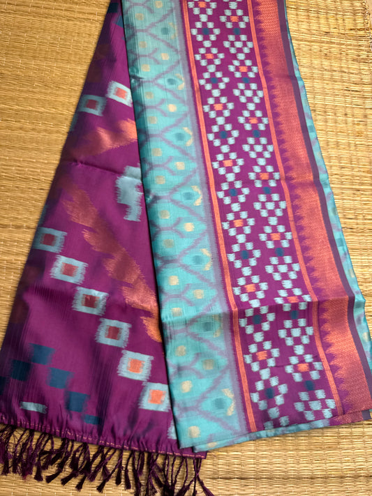 Sky Blue with Purple Soft Silk Ikat Saree