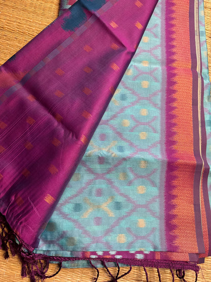 Sky Blue with Purple Soft Silk Ikat Saree