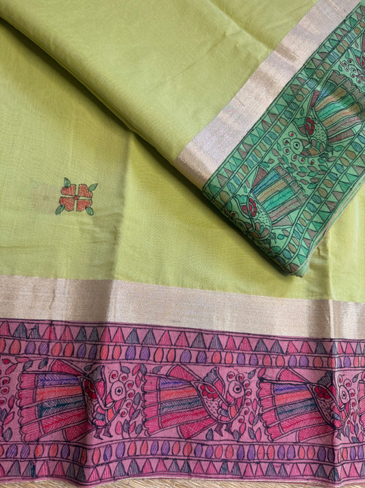 Madhubani Heritage Saree – Pastel Green