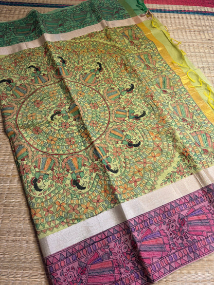 Madhubani Heritage Saree – Pastel Green