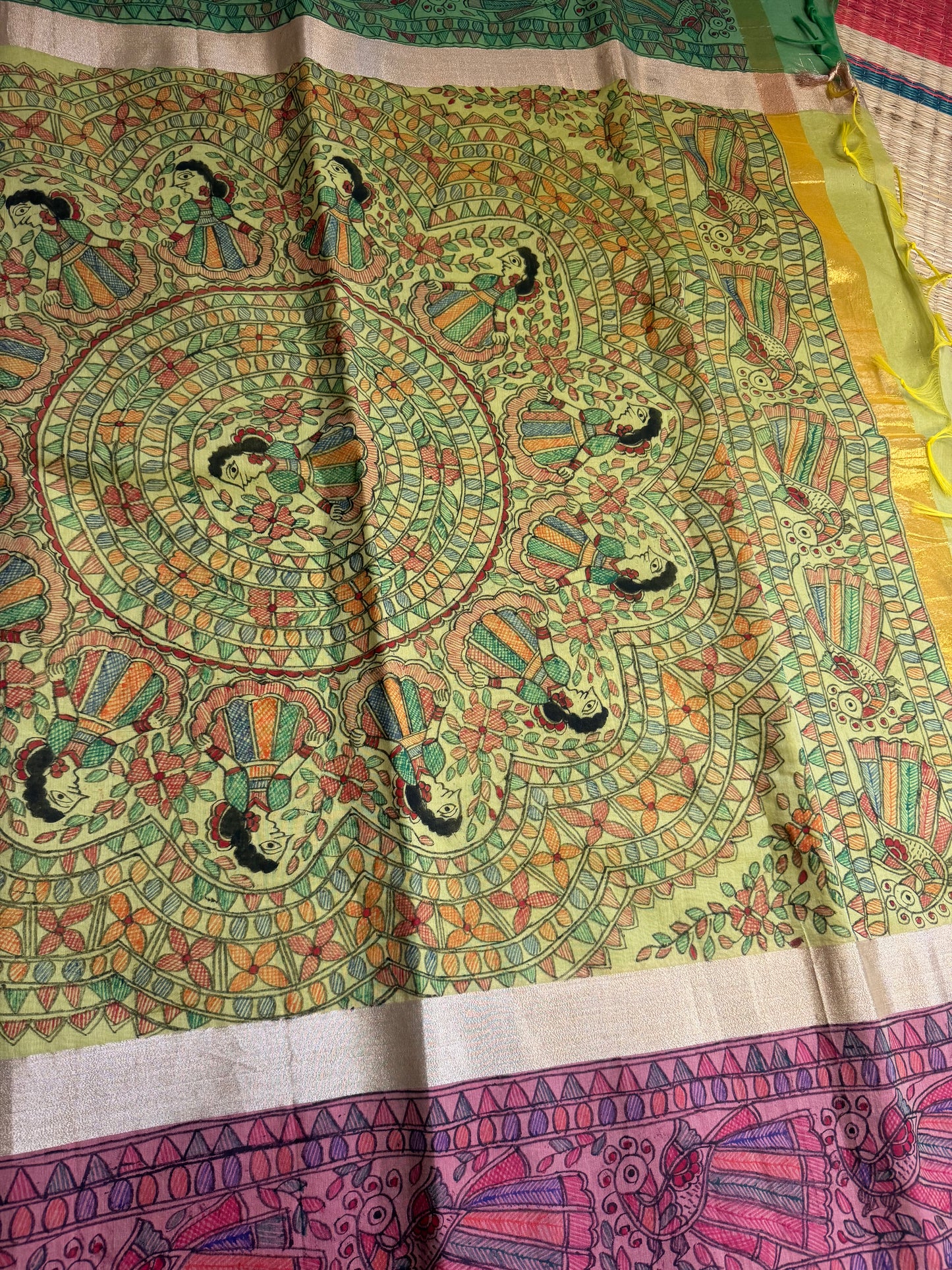 Madhubani Heritage Saree – Pastel Green