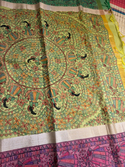 Madhubani Heritage Saree – Pastel Green