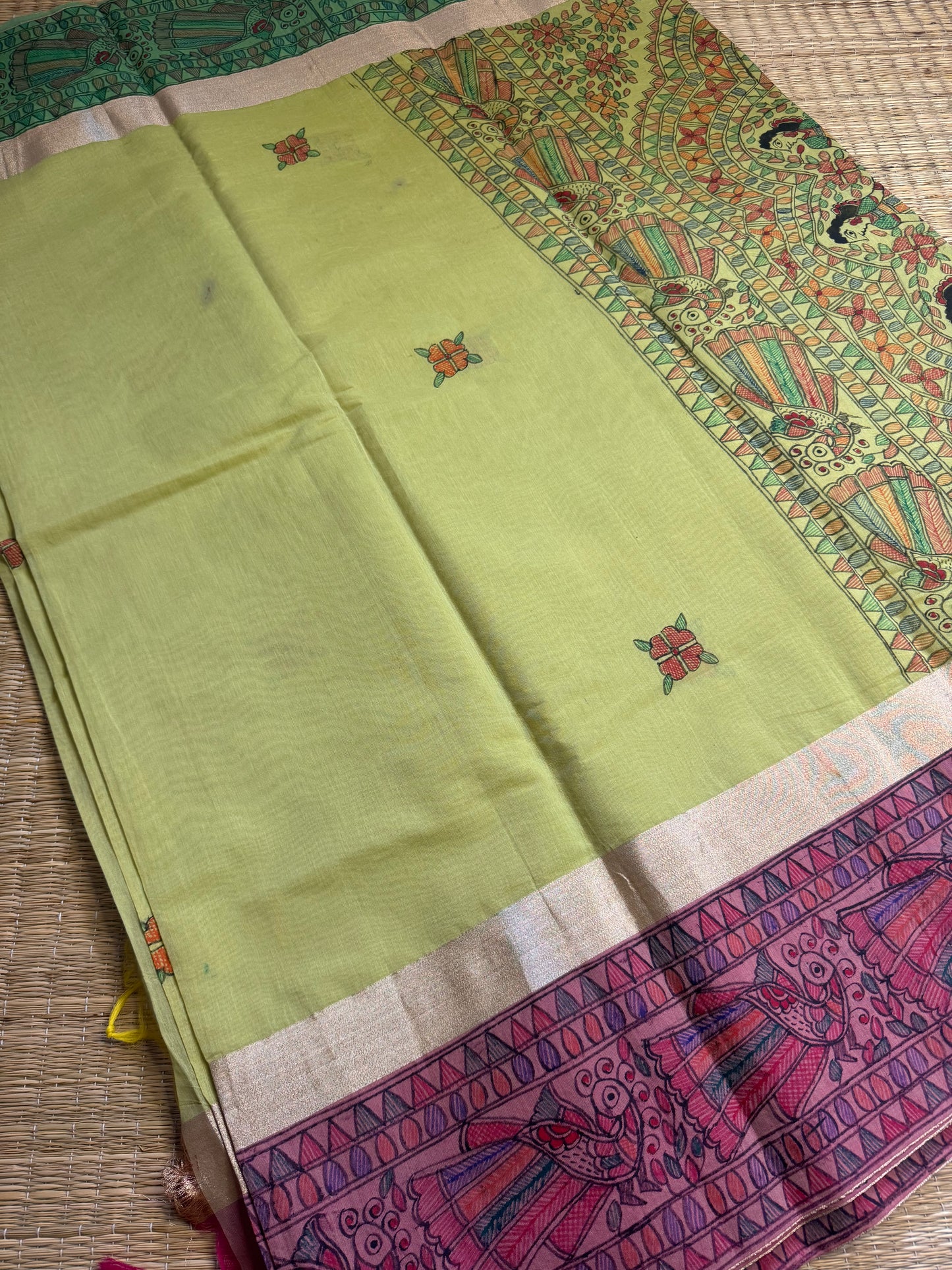 Madhubani Heritage Saree – Pastel Green